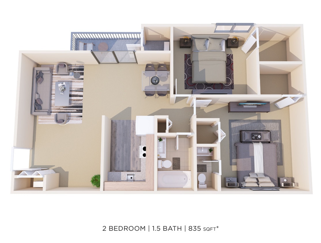 Floor Plan - Two Bedroom 1.5 Bath - 835 sqft