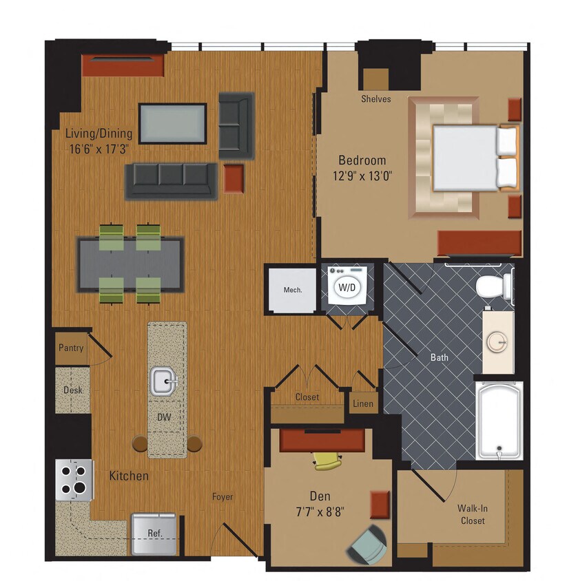 Floor Plan - 1 Bedroom / 1.5 Bathrooms / Den