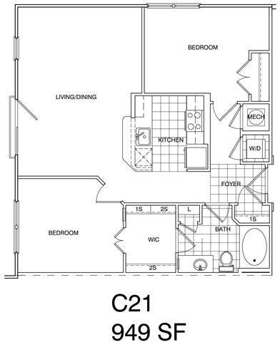 Floor Plan - 2 Bedroom, 1 Bath 949 SF KC21