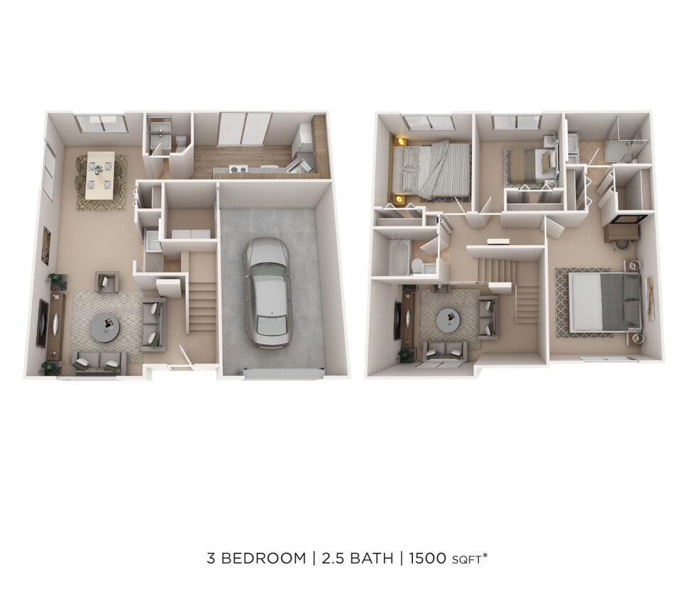 Floor Plan - Three Bedroom 2.5 Bath Townhome - 1,500 sqft