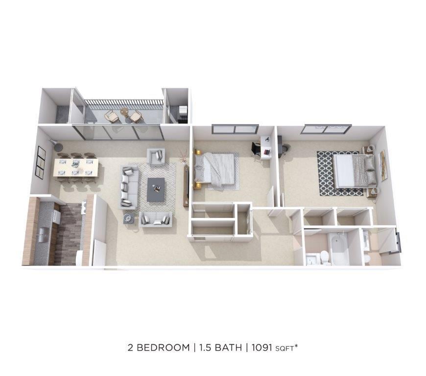 Floor Plan - Two Bedroom 1.5 Bath - 1,091 sqft