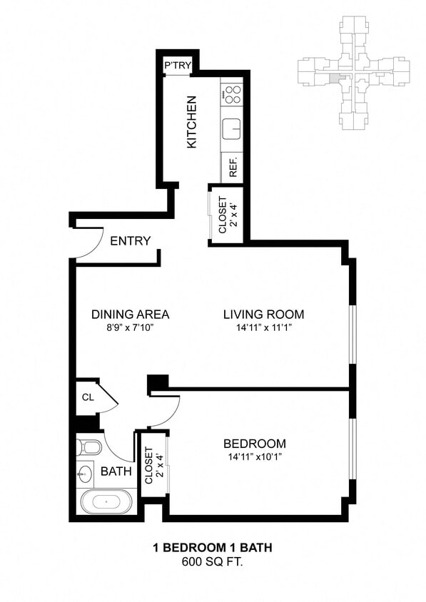 Floor Plan - 1 Bdrm 600 Sq Ft
