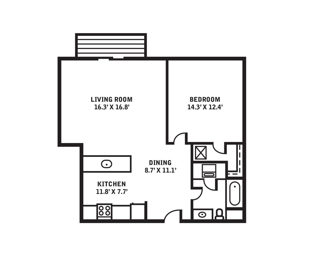 Floor Plan (measurements) - 1 Bed / 1 Bath - 720 SF