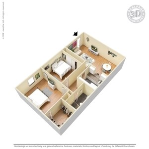 3D Floor Plan 1 - 2 Bed 1.5 Bath Class
