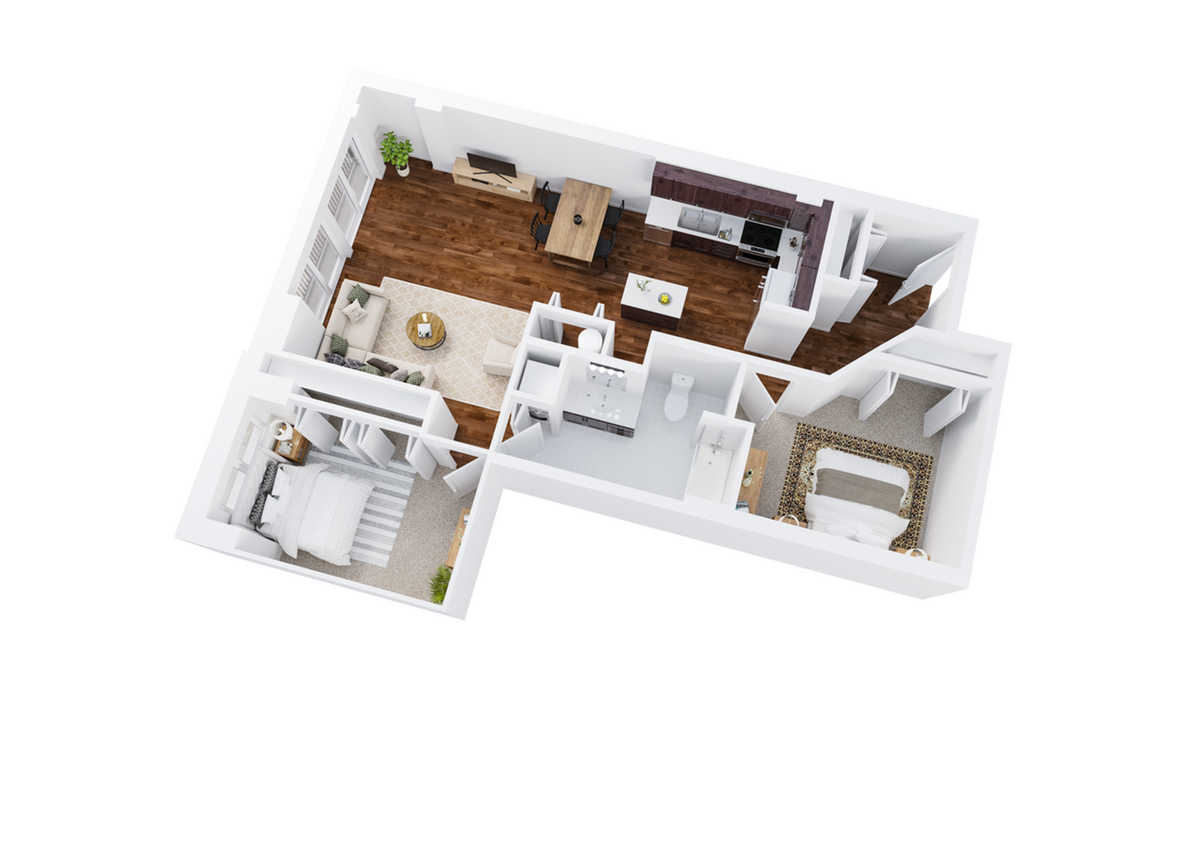 Two-Bedroom, One-Bathroom Floor Plan Rendering - 2x1