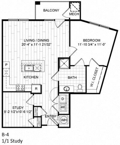 Floor Plan - 1 Bed, 1 Bath, Study - B4