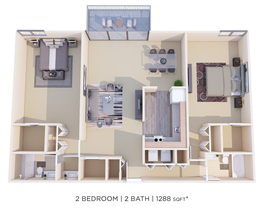 Floor Plan - Two Bedroom 2 Bath - 1,288 sqft