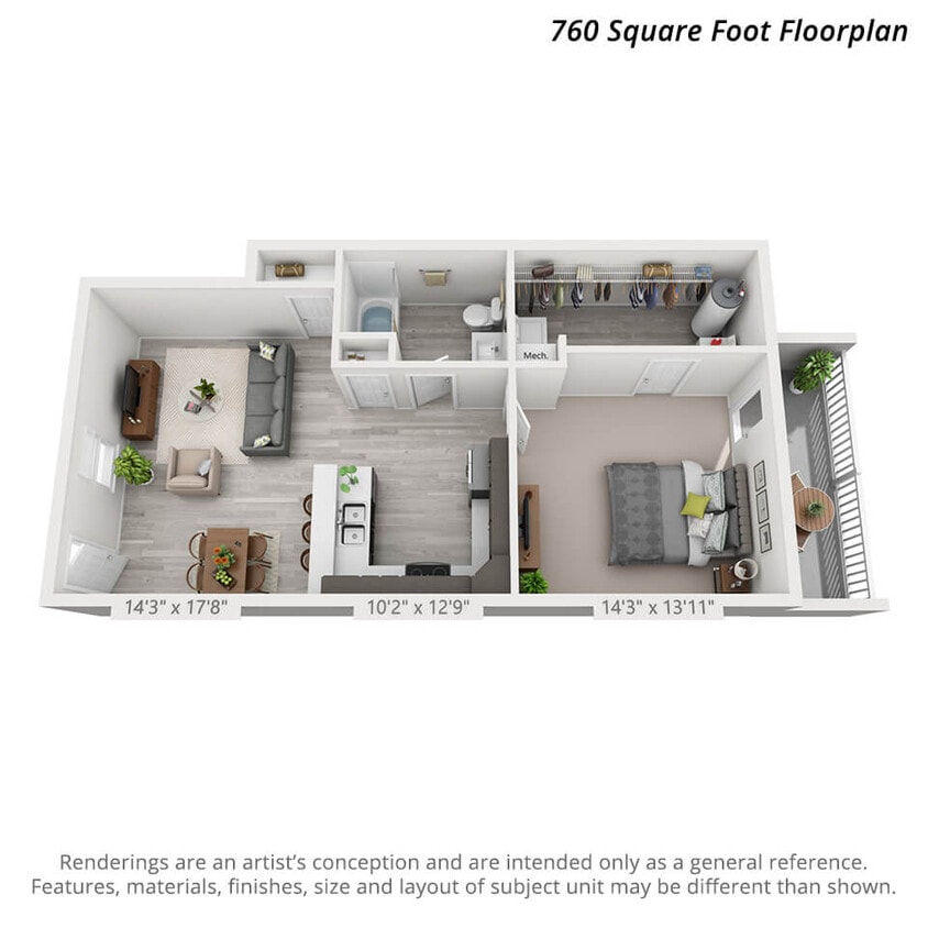 Floor Plan - 1 Bedroom First Level - 760sf