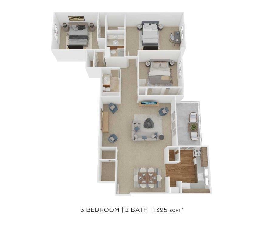 Floor Plan - Three Bedroom 2 Bath - 1,395 sqft