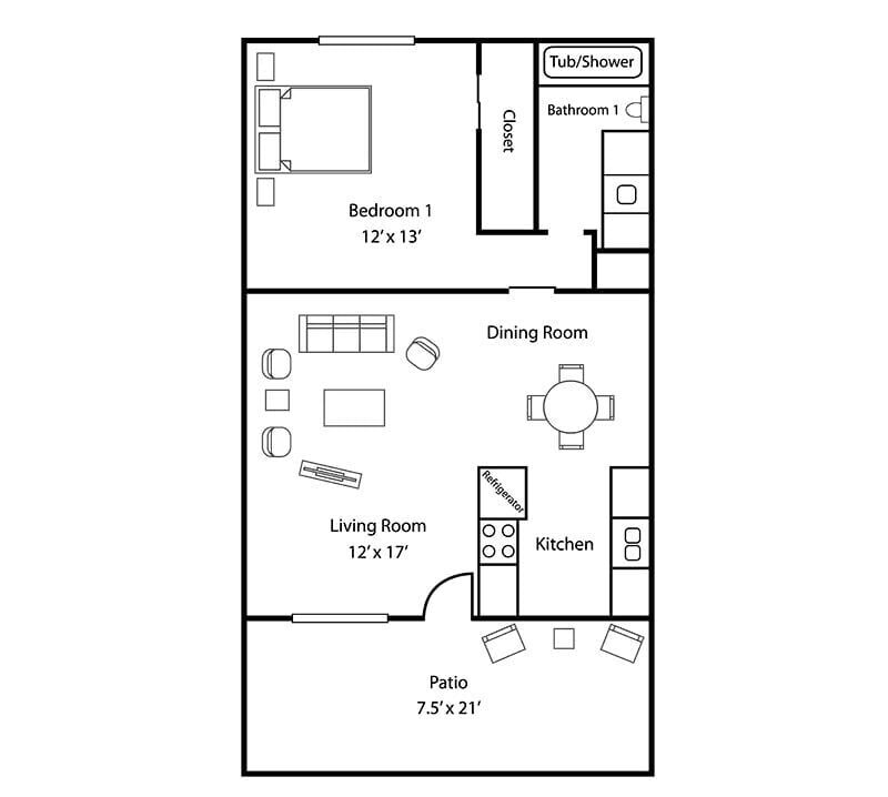Floor Plan - 1BD, 1BTH