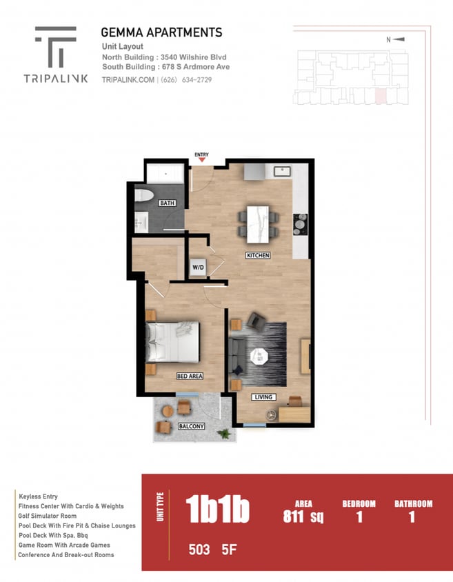 Floor Plan - 1 Bed 1 Bath - 811 sqft