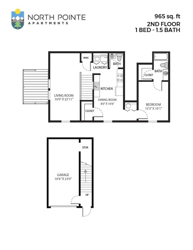 Floor Plan - 1 Bed, 1.5 Bath - 966 sq ft
