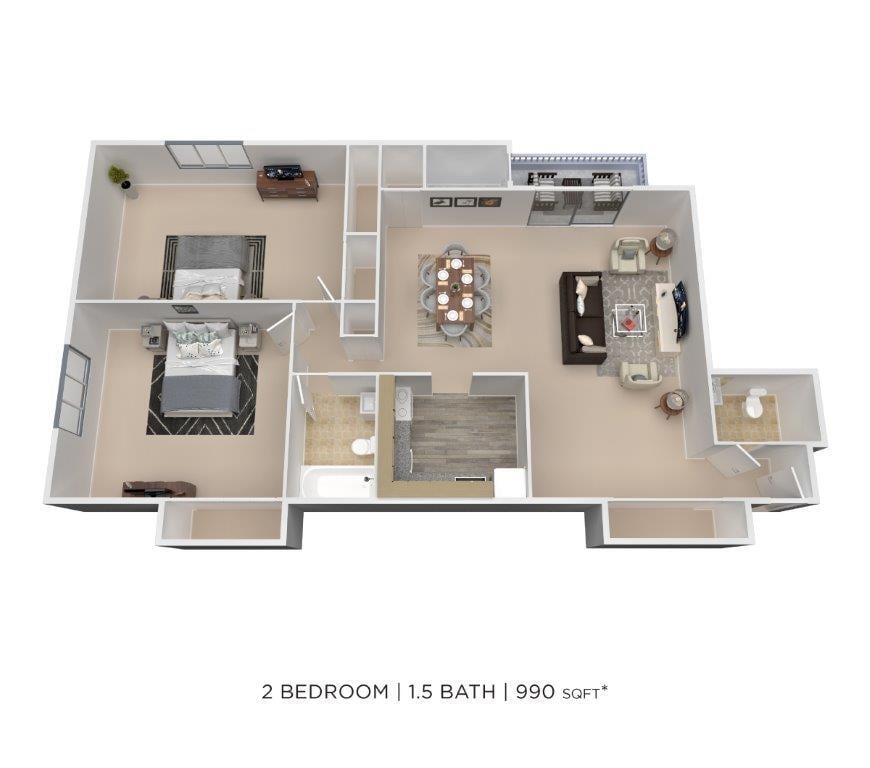 Floor Plan - Two Bedroom 1.5 Bath - 980 sqft