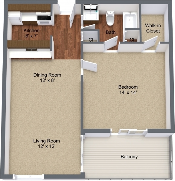 1BR, 1BA - 712 SF - Pine Hill - Large 1BR