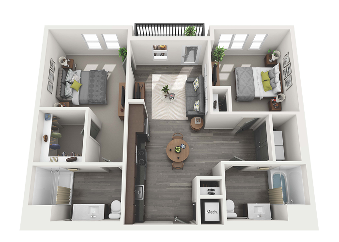 Floor Plan - 2 Bedroom 2 Bath - 1008 sq. ft.