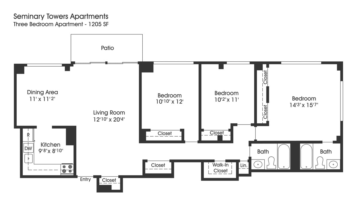 Floor Plan - 3BR 2BA (1205sf)