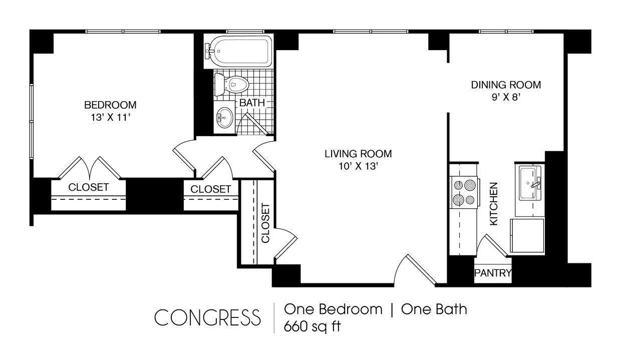 Floor Plan - Congress 1 Bedroom 1 Bath 660