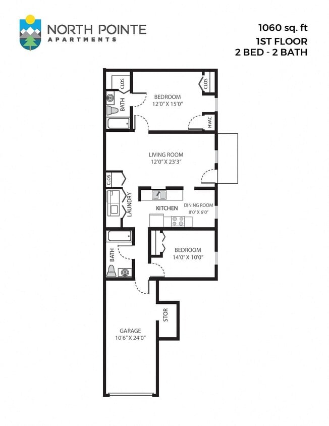 Floor Plan - 2 Bed, 2 Bath - 1,060 sq ft