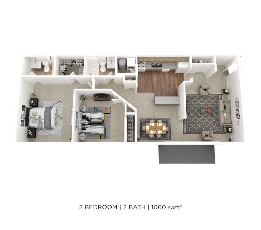 Floor Plan - Two Bedroom 2 Bath - 1,060 sqft