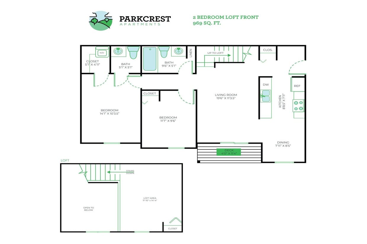 Floor Plan - 2 Bed, 1.5 Bath Loft - 969 sq ft