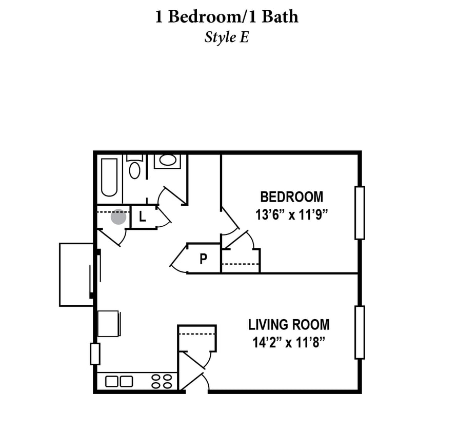 Floor Plan - 1 Bedroom, 1 Bath 700SqFt
