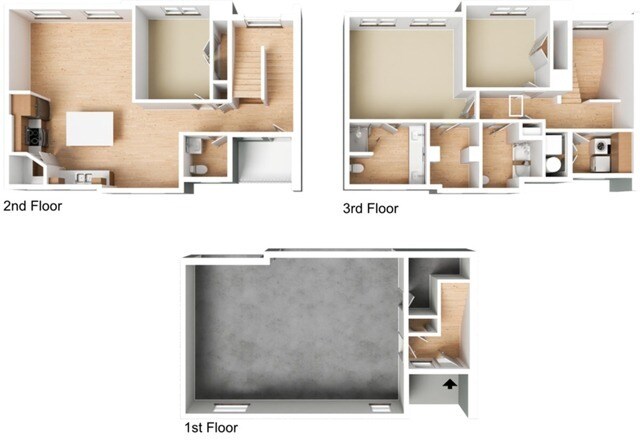 Townhome 1 - Carpet in all bedrooms, hardwood style flooring in all other living areas. - Townhome 1