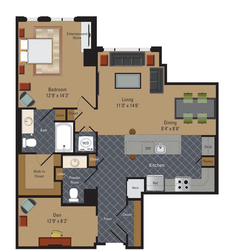 Floor Plan - 1 Bedroom / 1.5 Bathrooms / Loft + Den