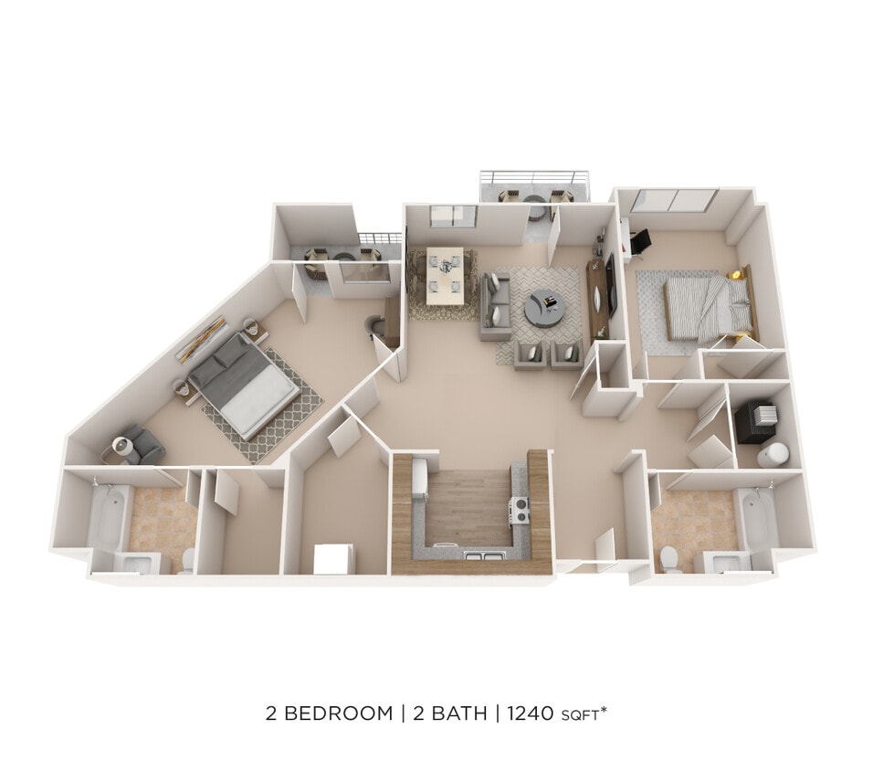 Floor Plan - Two Bedroom 2 Bath- 1240 sqft