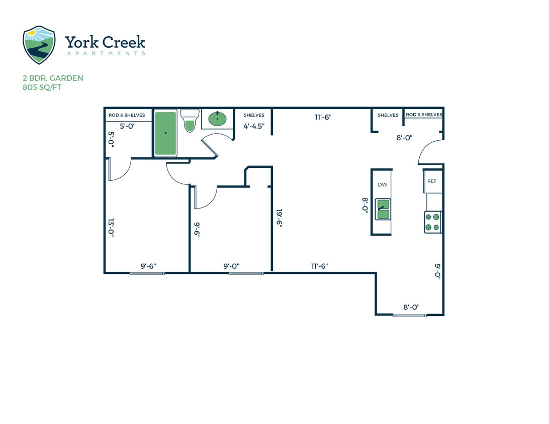 Floor Plan - 2 Bed, 1 Bath - 805 sq ft