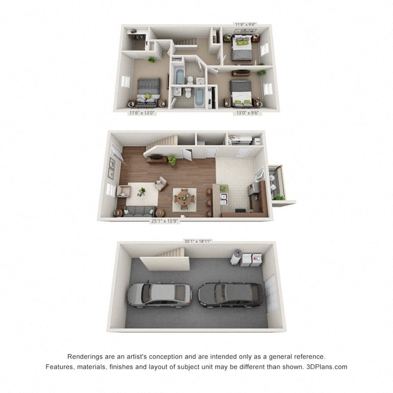 Floor Plan - 3 Bedroom Townhome with Drive Under Garage (Pha...
