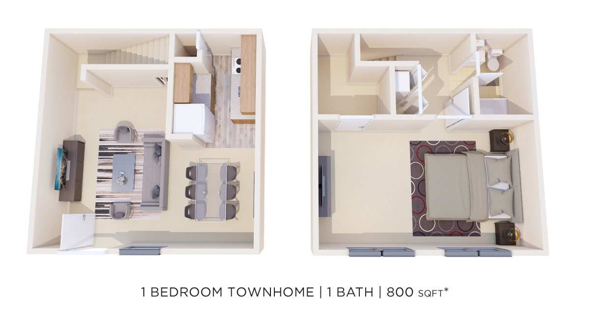 Floor Plan - One Bedroom Townhome - 800 sqft