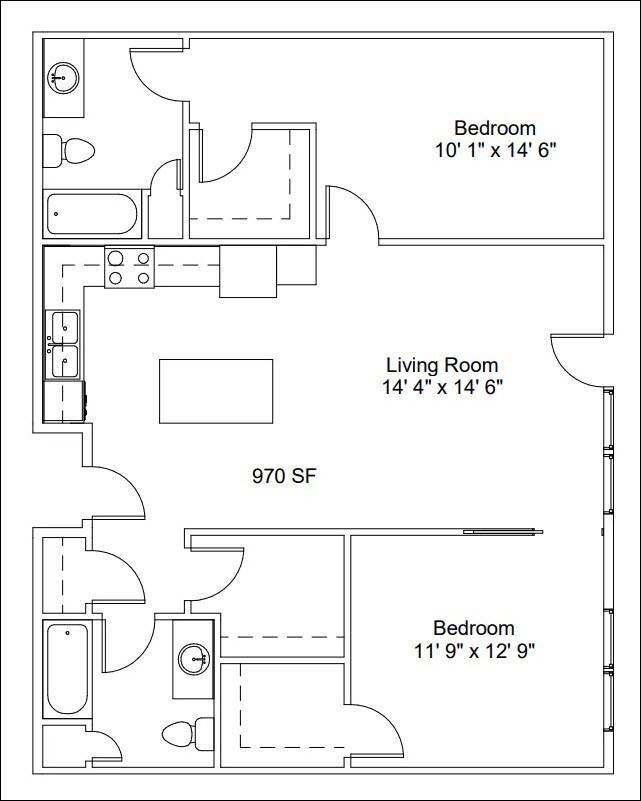 Floor Plan - 2 Bed/2 Bath | HCA 970 SF