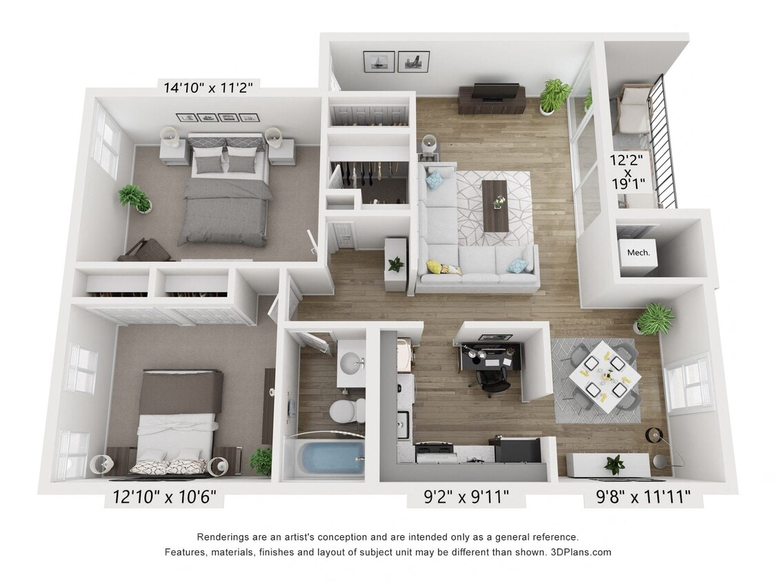 Floor Plan - Q - 2BR 1BA (960sf)