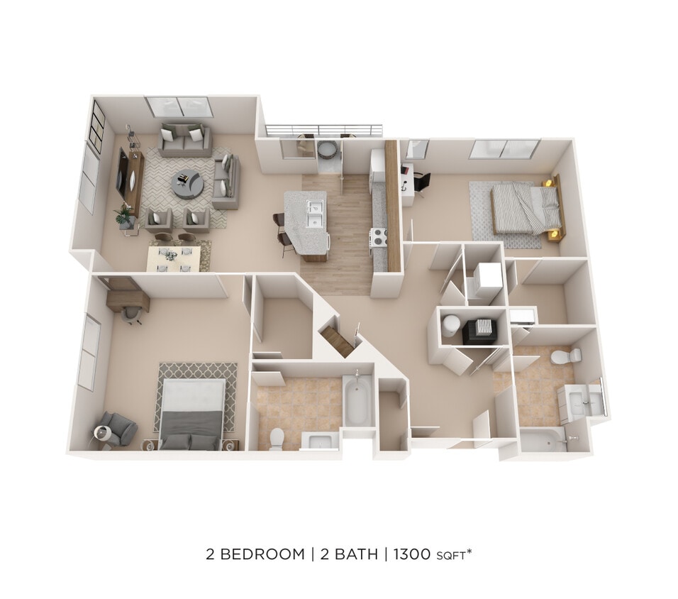 Floor Plan - Two Bedroom 2 Bath- 1300 sqft