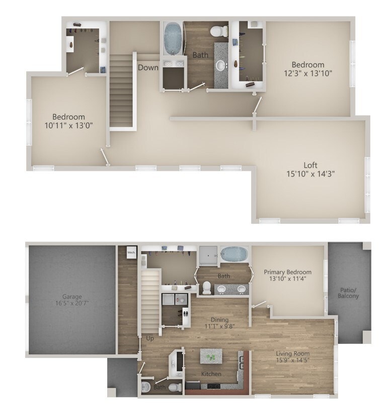 Floor Plan - 3 BR 2.5 Bath Townhouse (1869 sq ft)