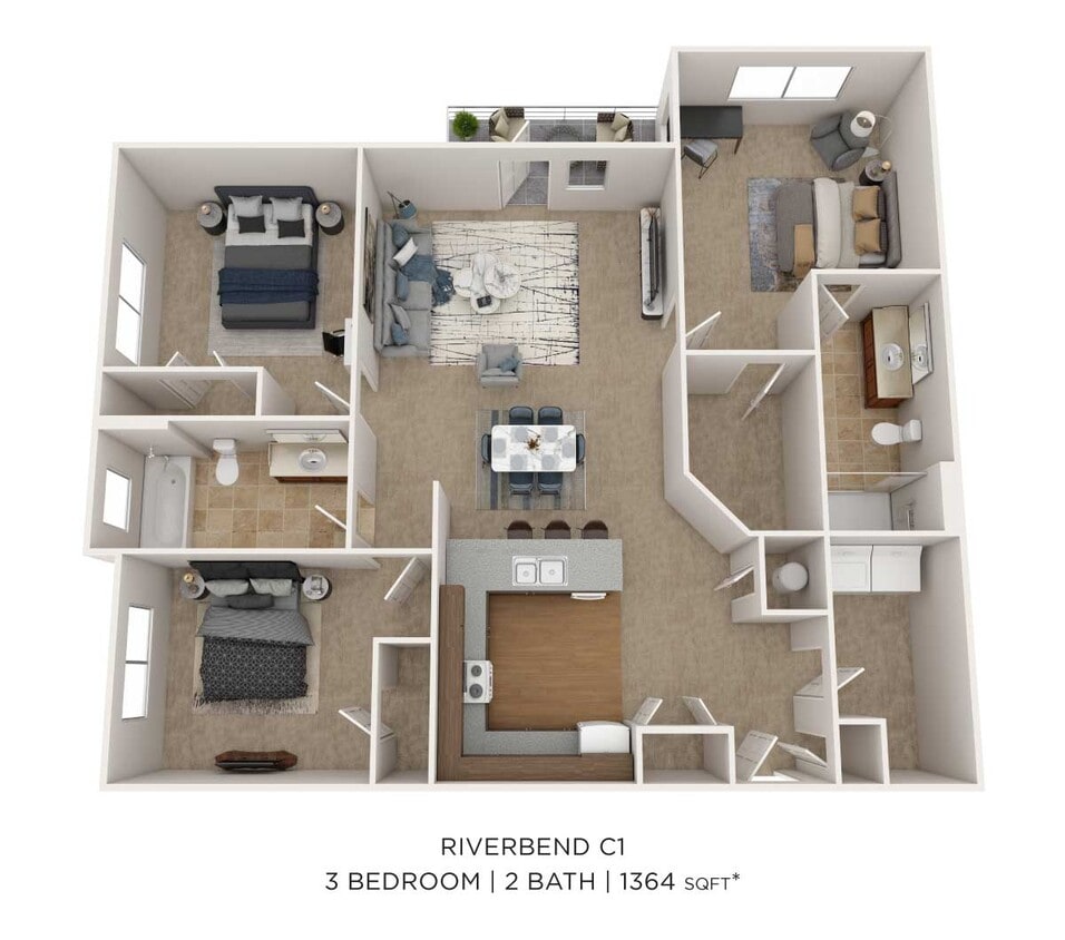 Floor Plan - Three Bedroom 2 Bath - 1,364 sqft