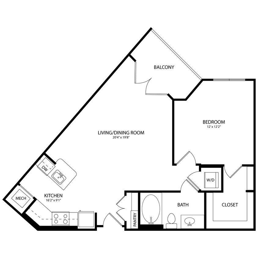Floor Plan - 1 Bedroom, 1 Bath 735 SF A4