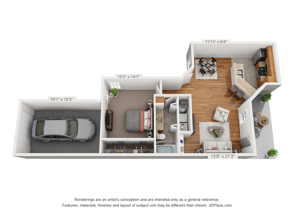 Floor Plan - 1 Bedroom W/ 1 Car Garage