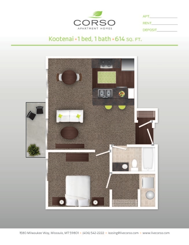 Floor Plan - 1BR x 1BA - Kootenai