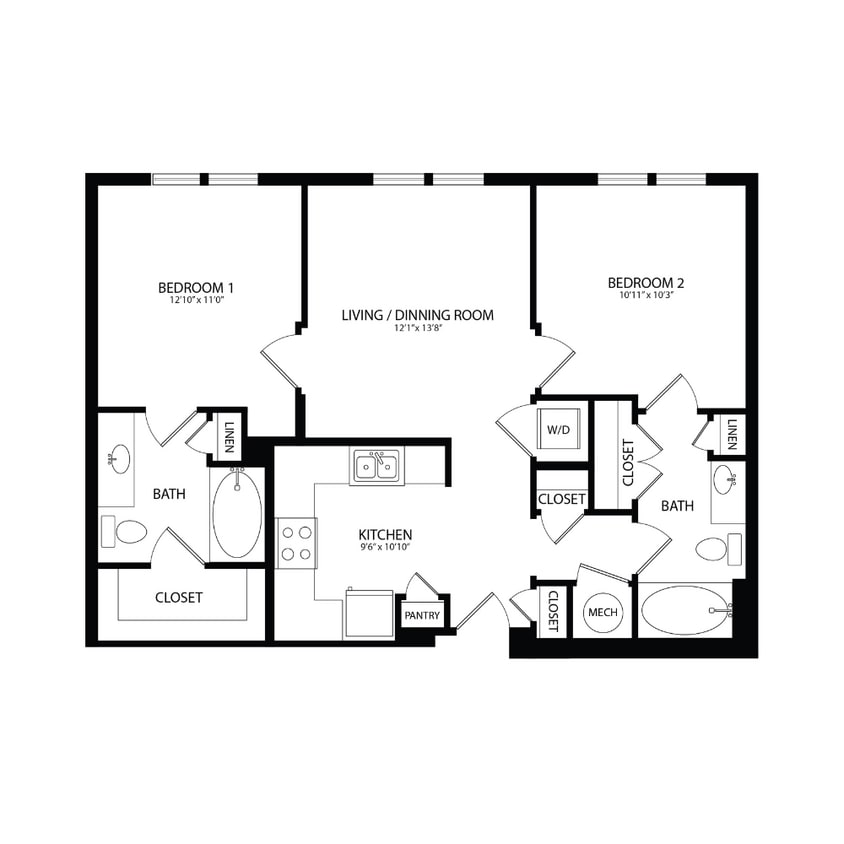 Floor Plan - 2 Bedroom, 2 Bath 899 SF B14