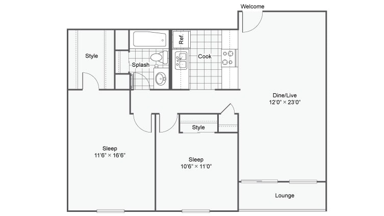 B1 | 2-Bedroom Floorplan - 2 Bed 1 Bath A