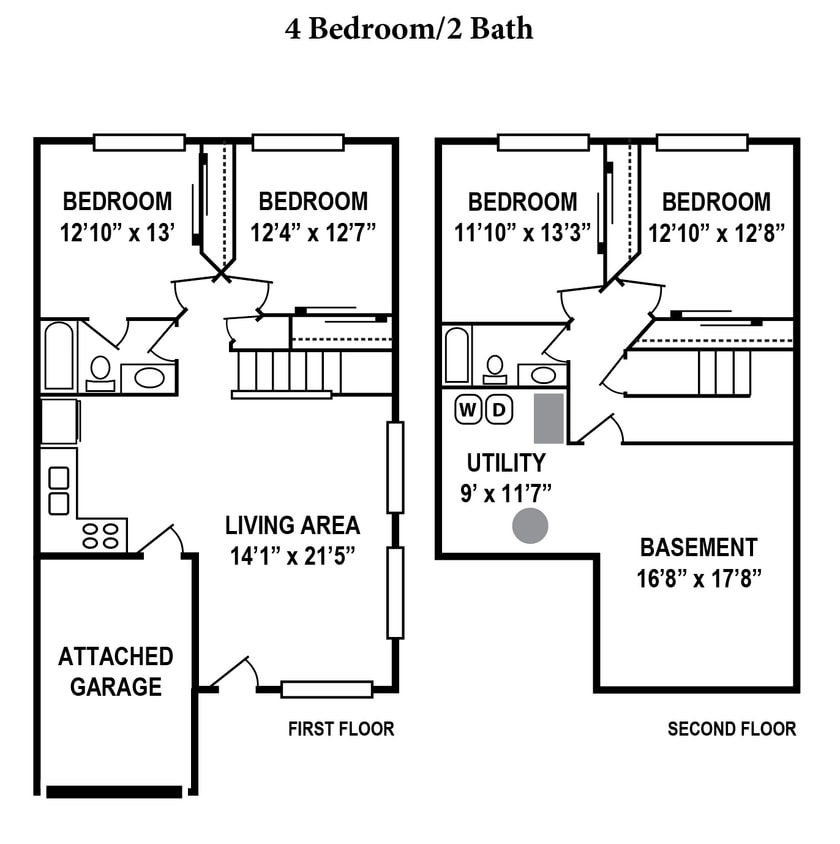 Floor Plan - 4 Bedroom, 2 Bath Duplex & Garage 2,020SqFt