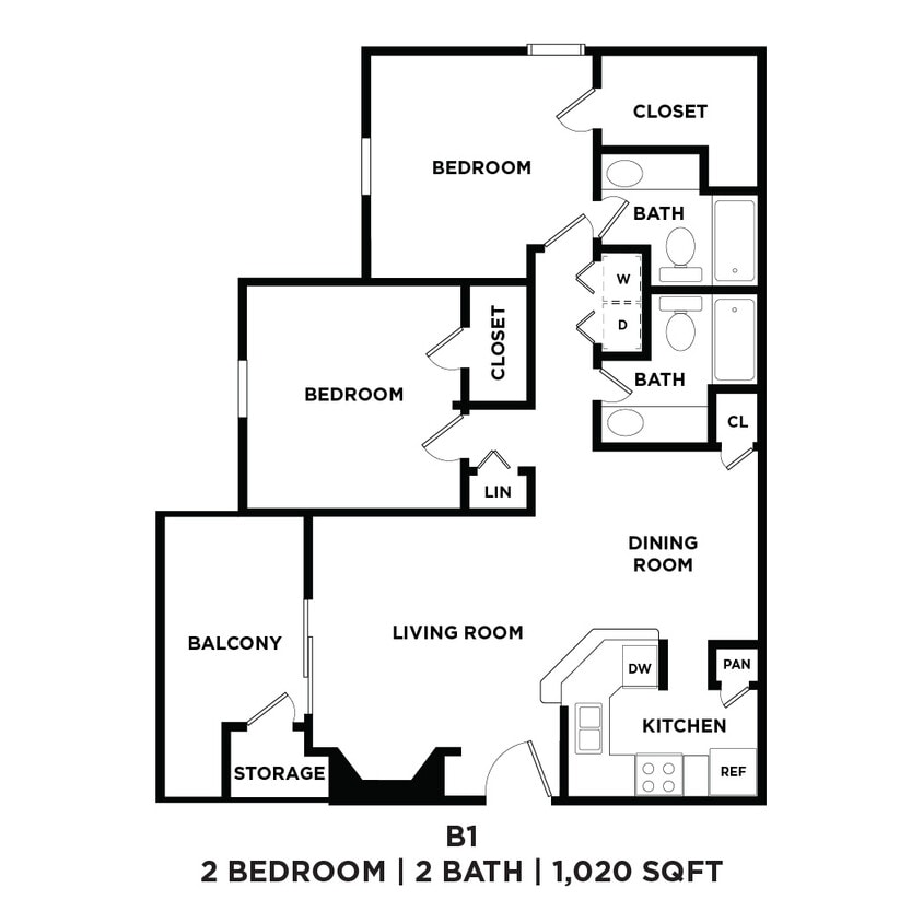 Floor Plan - Two Bed Two Bath 1020 Sqft
