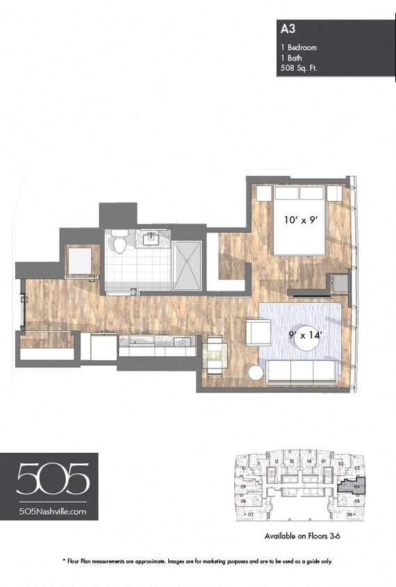 Floor Plan - 505 One Bedroom Stack 04 & 09 Floors 3-6