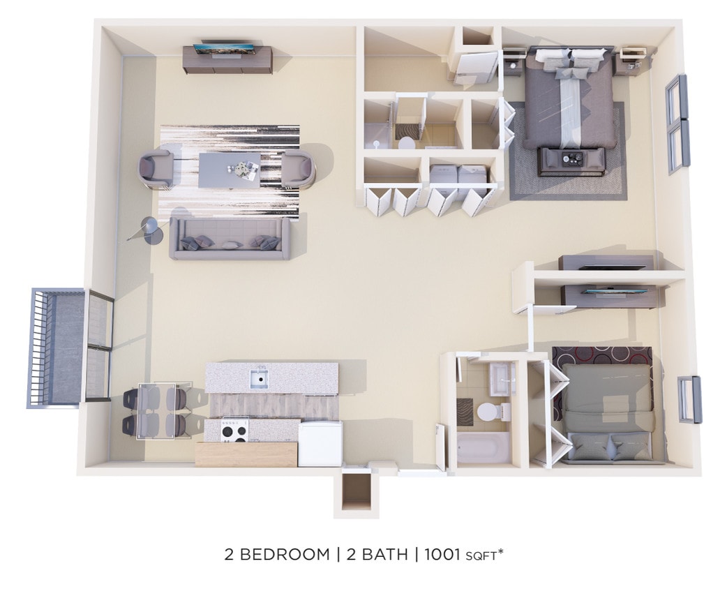 Floor Plan - Two Bedroom 2 Bath - 1,001 sqft