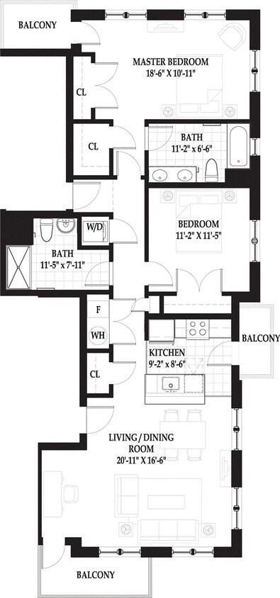 Floor Plan - Villa Two Bedroom 3rd Floor with Balcony