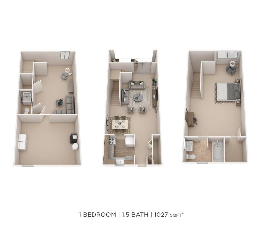 Floor Plan - One Bedroom 1.5 Bath Townhome - 1,027 sqft