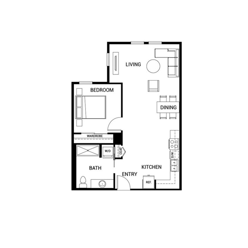 Modern 1-bedroom apartment floor plan with open living and dining area, sleek kitchen, and spacious bath. - A5