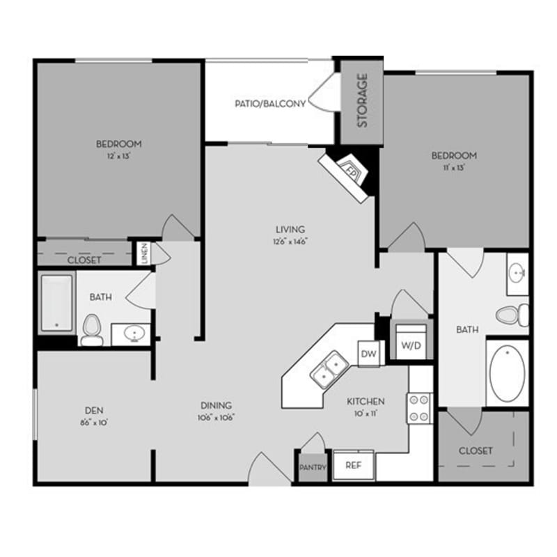Floor Plan - 2 Bed, 2 Bath with Den D (Jewel Plan - Classic)