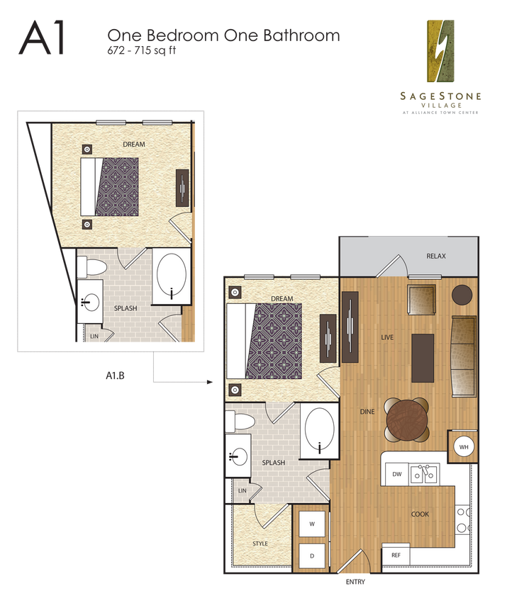 Floor Plan - A1 1 BR / 1 BA